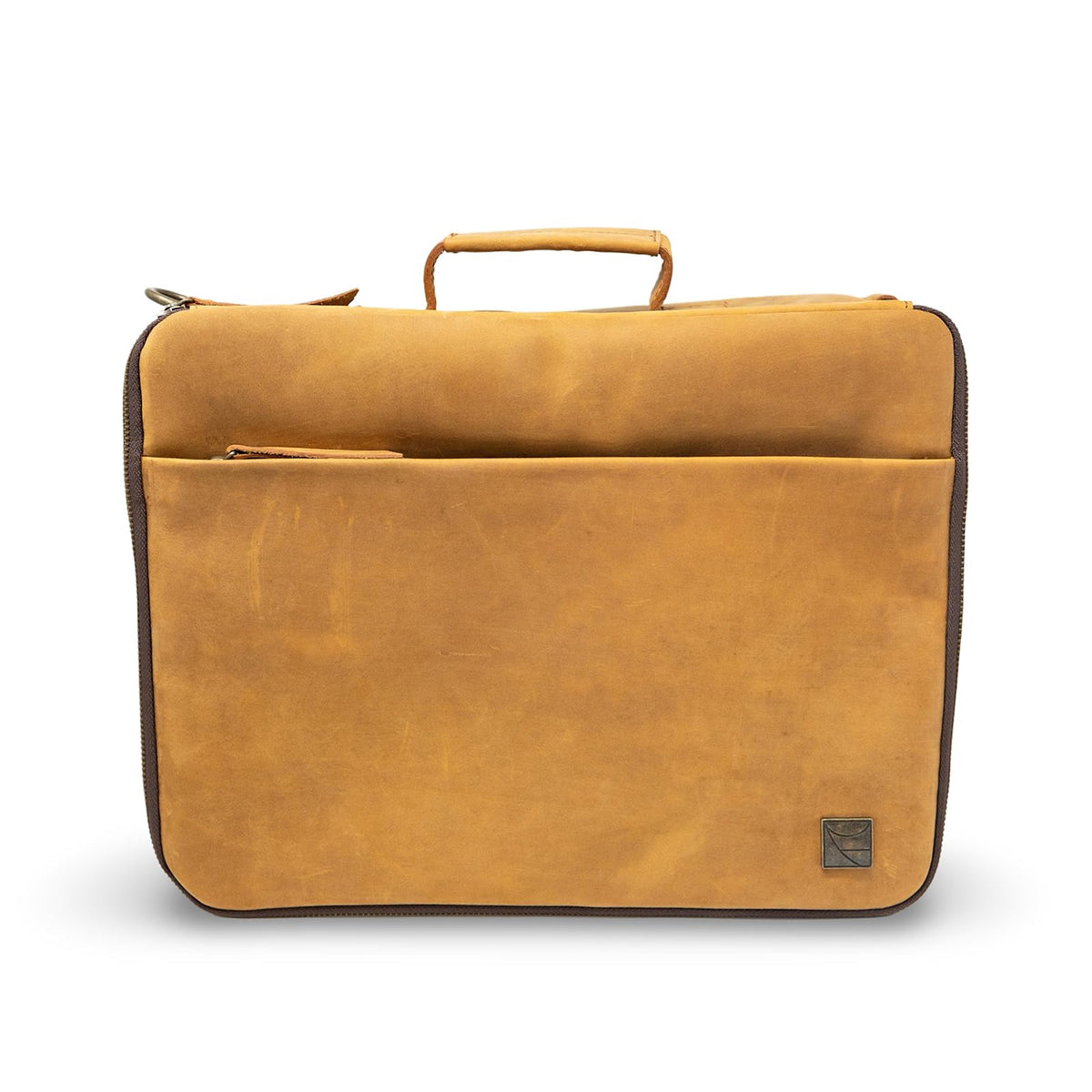 ROMFRE CPAP travel bag front view in full-grain leather for organized travel.