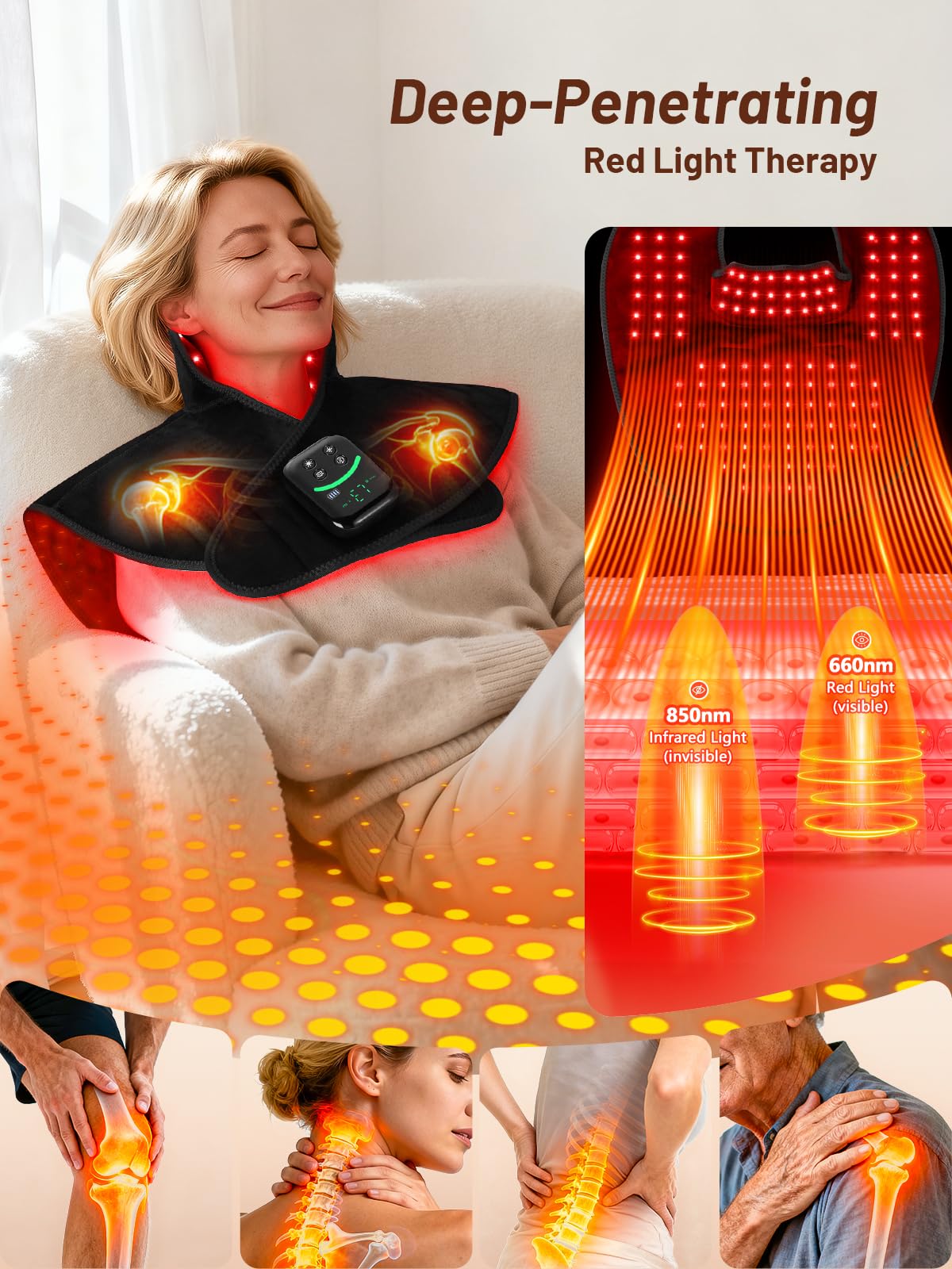 ROMISA 660nm-850nm infrared chip provides penetrative warmth for muscles.