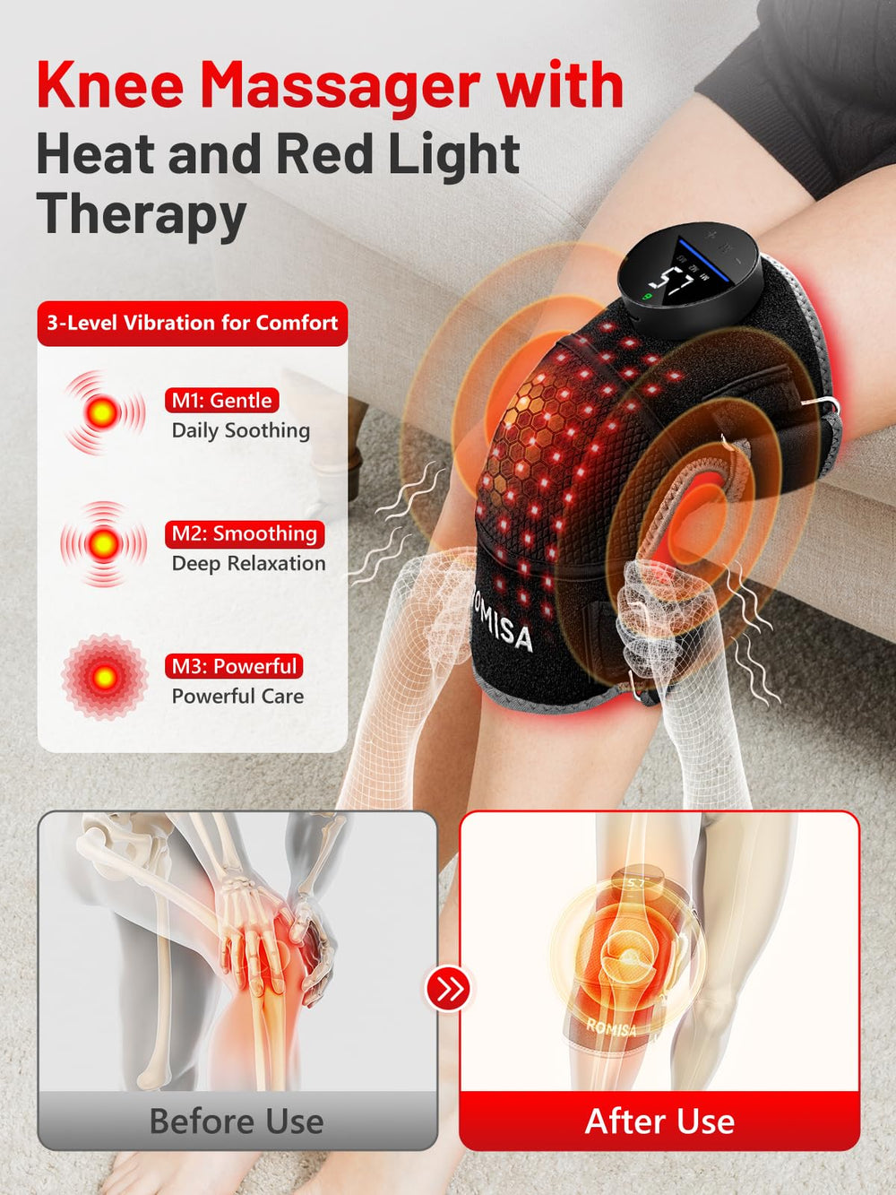 ROMISA knee brace in-use, wraps around the knee for targeted light therapy.