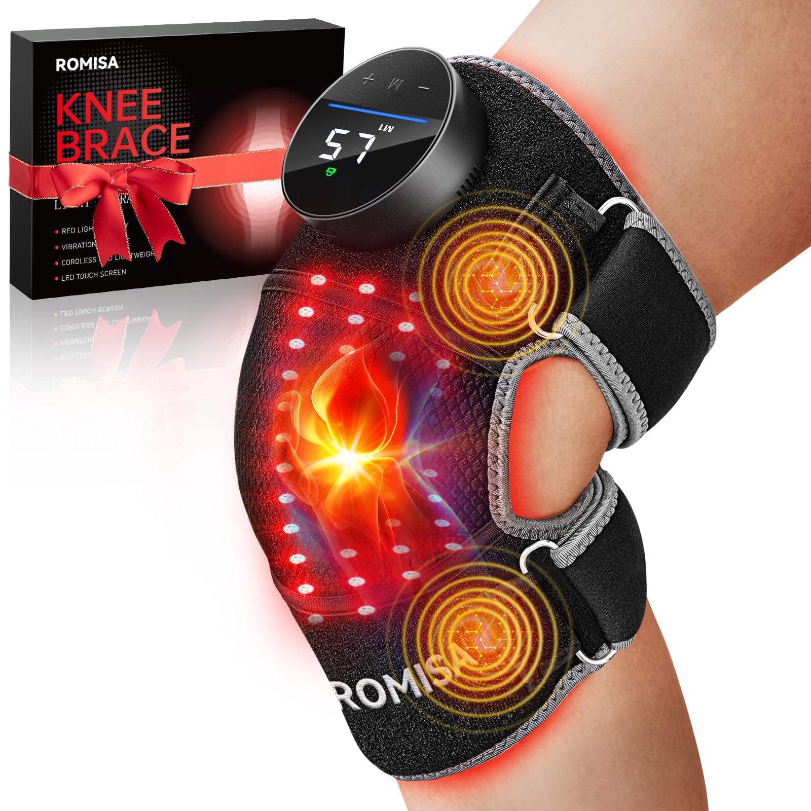 ROMISA knee brace outer view, compact design for convenient red light therapy sessions.