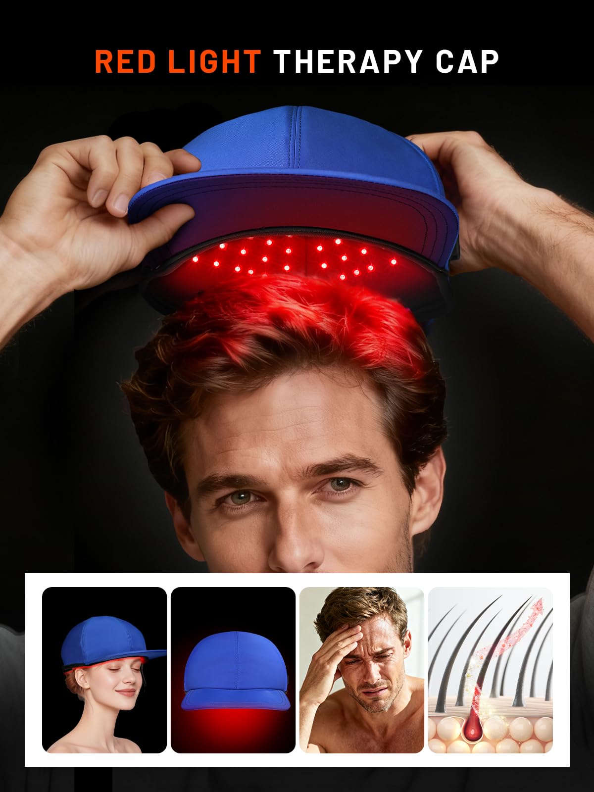 ROMISA red light cap side view showing compact fit during use