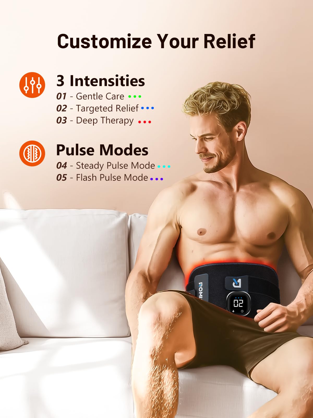 ROMISA red light belt in use on back for hands-free therapy