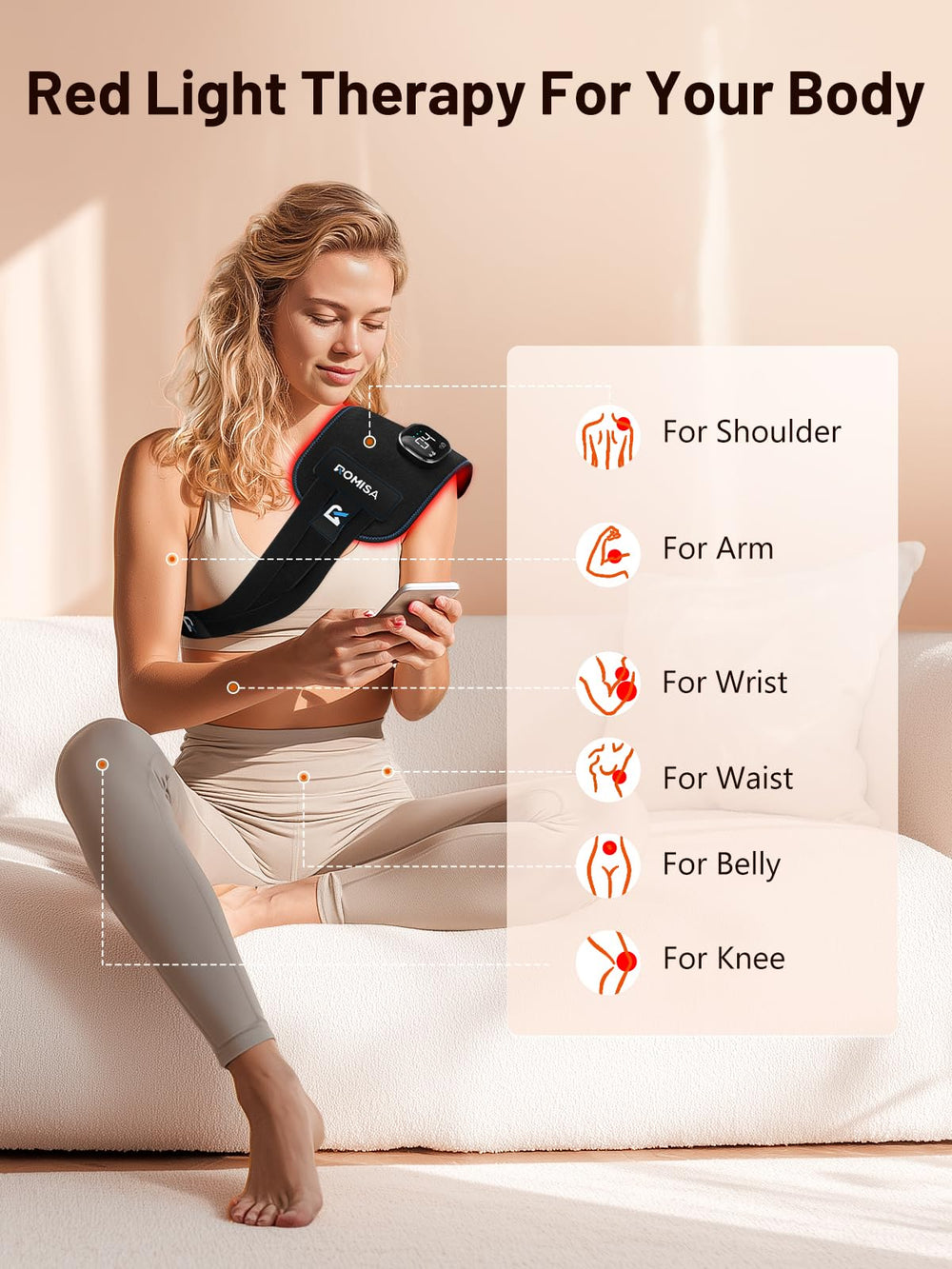 ROMISA red light belt side-worn view showing flexible fit during activity