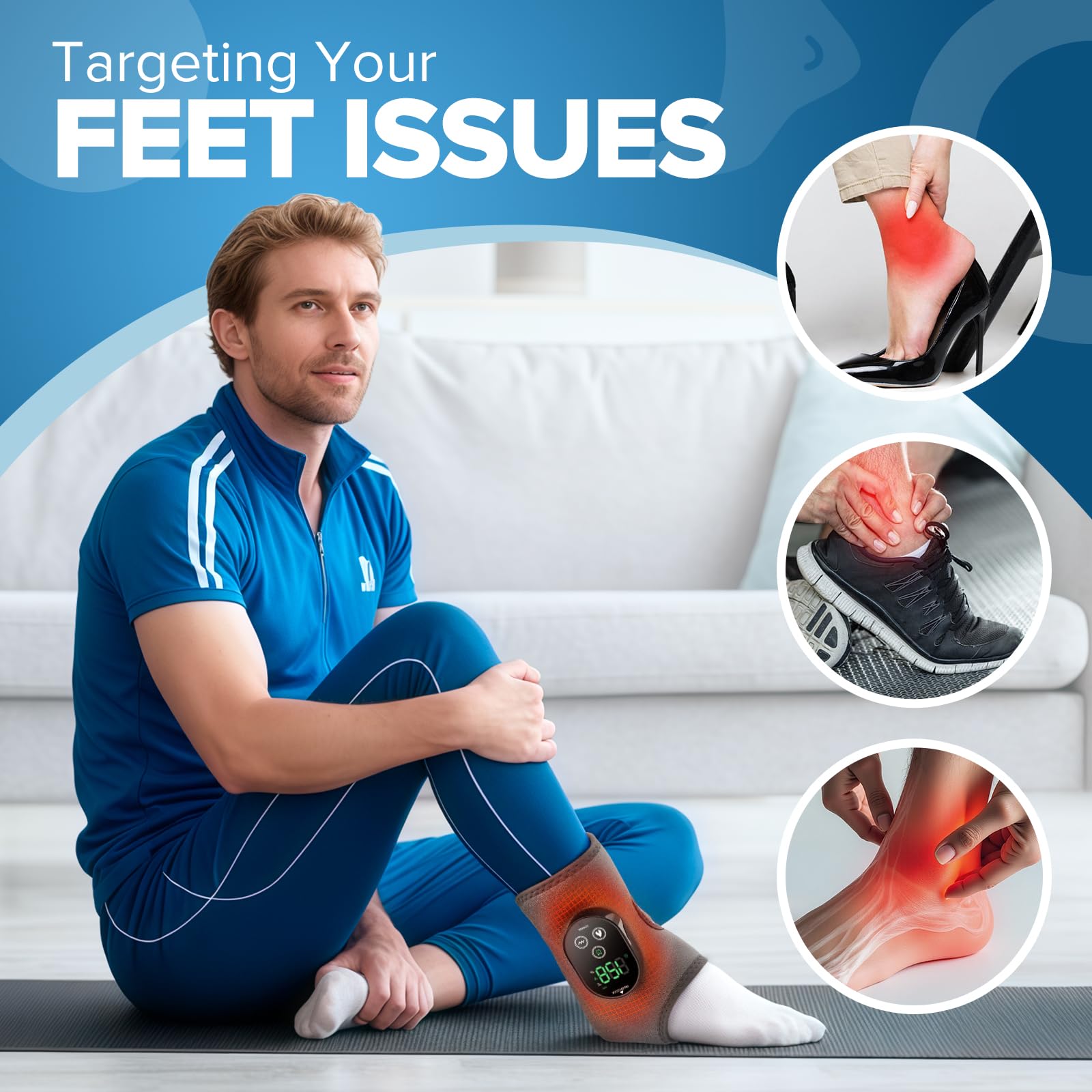 ROMYSE foot massager close-up showing heat and vibration for targeted relief