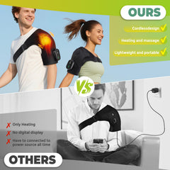 ROMYSE shoulder wrap provides heat and massage for rotator cuff comfort.