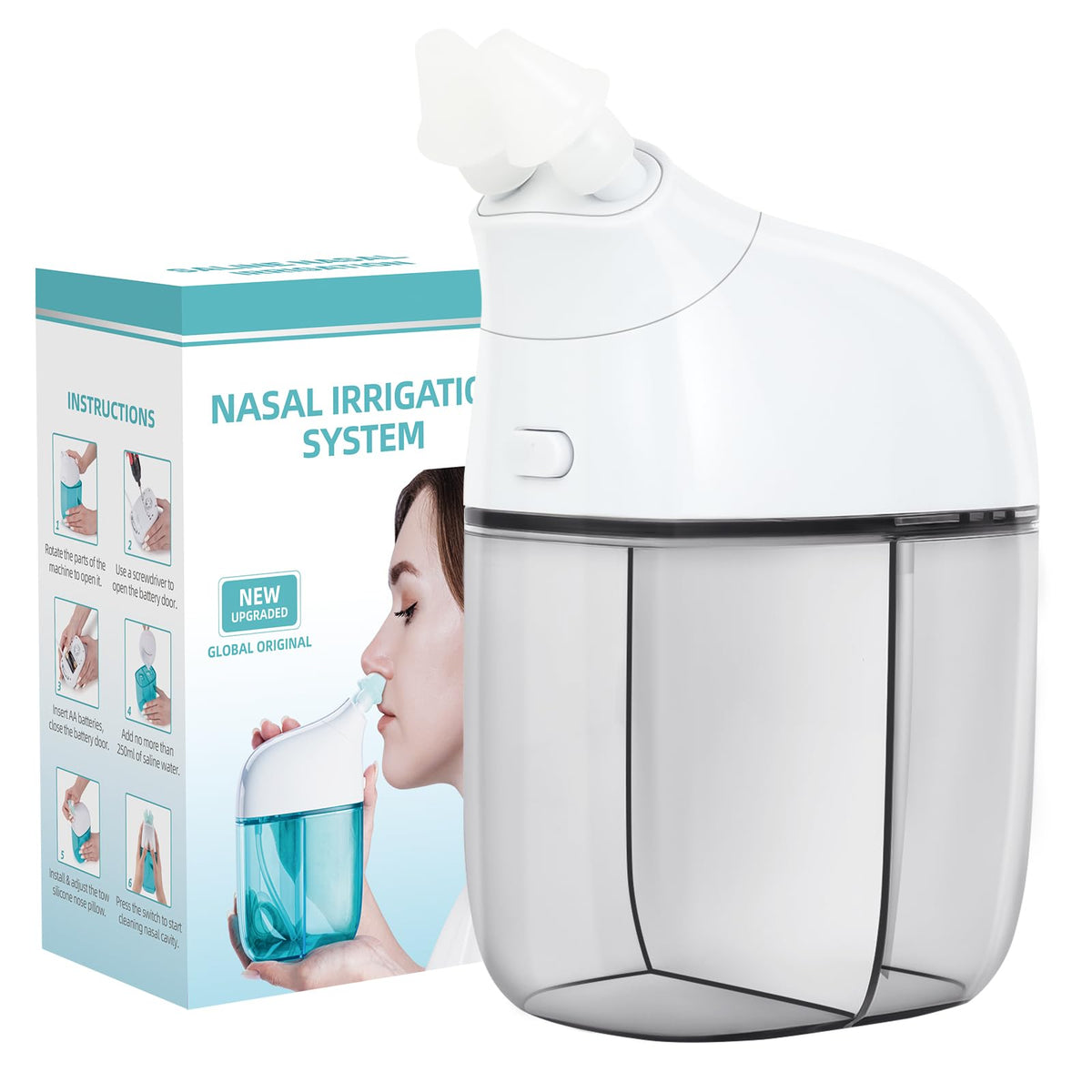 Ronfnea nasal irrigation system front view, compact design for daily ease.
