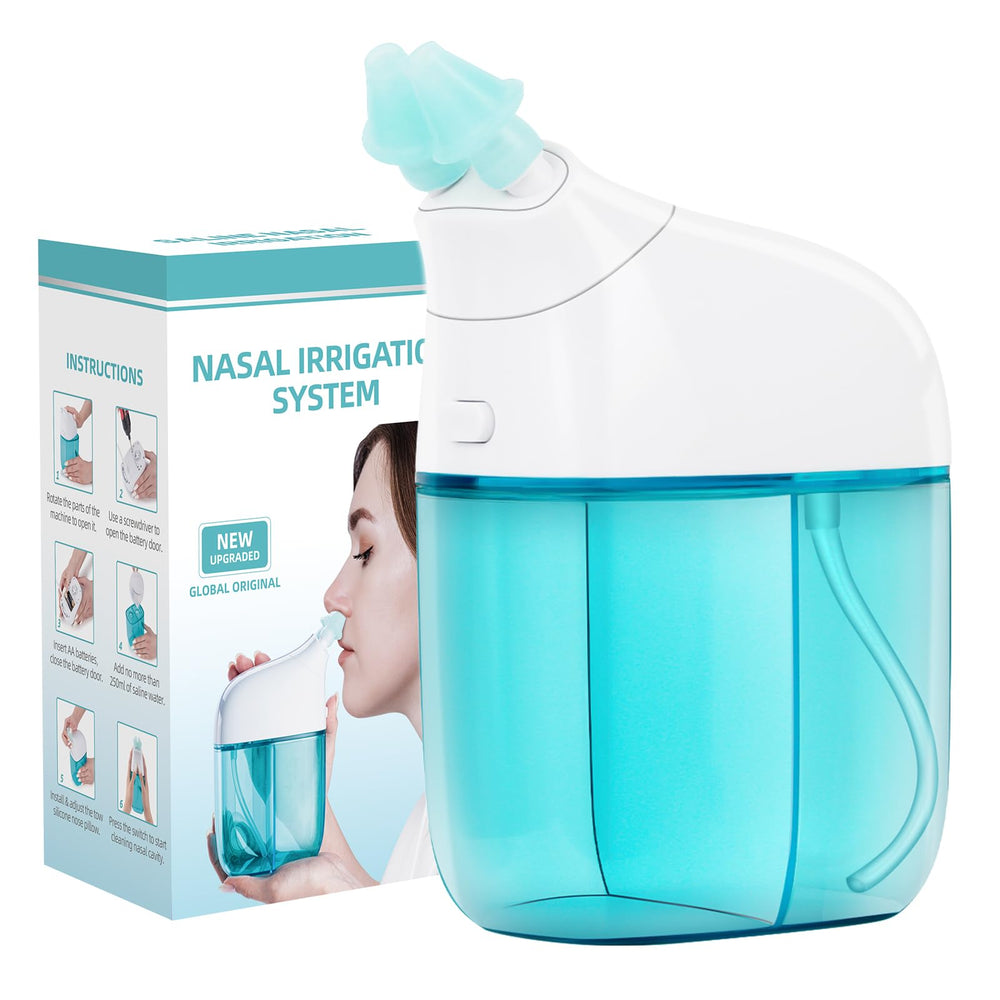 Ronfnea nasal irrigation system turquoise front view for easy daily sinus hygiene.