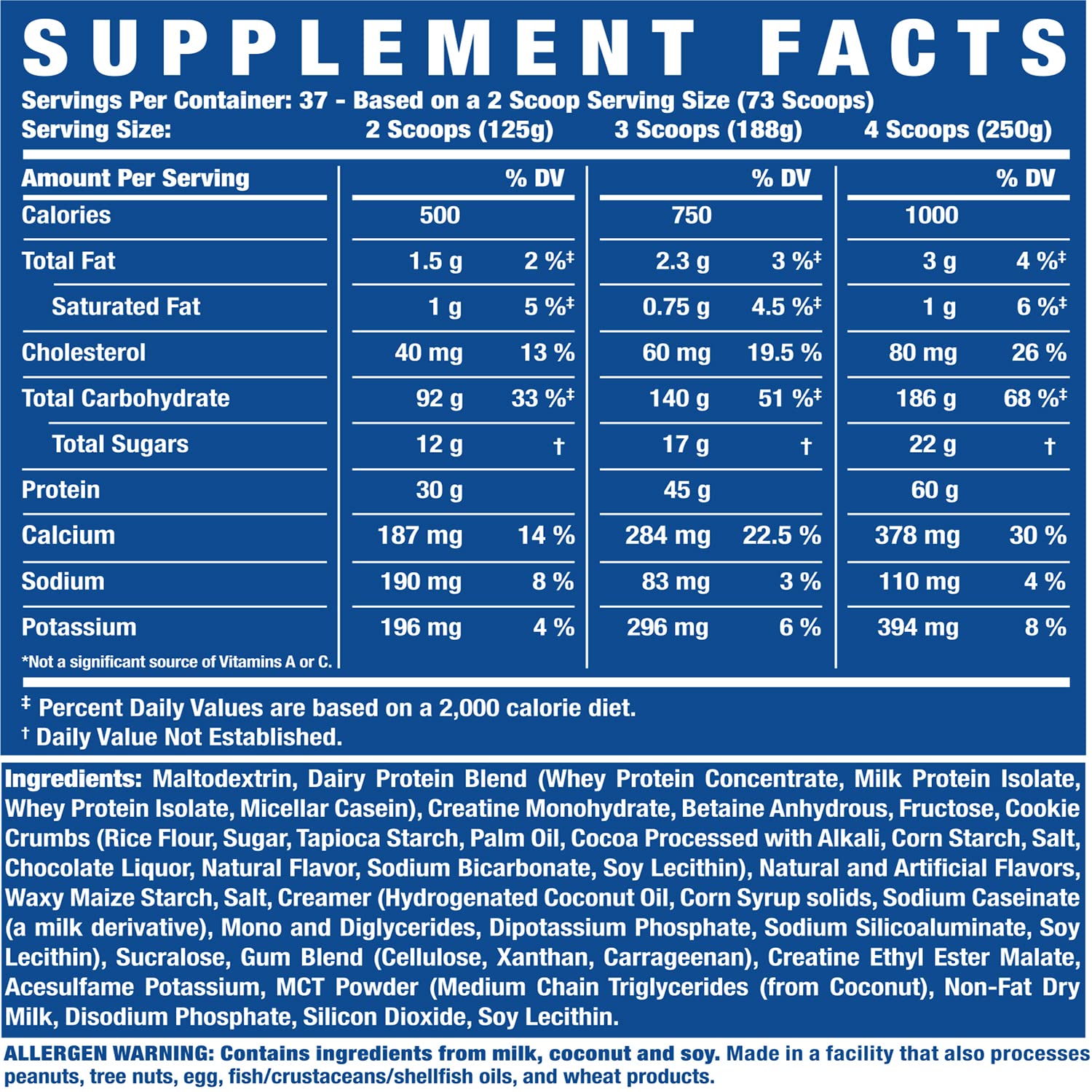 Ronnie Coleman King Mass XL nutrition facts table highlights calories and macros.