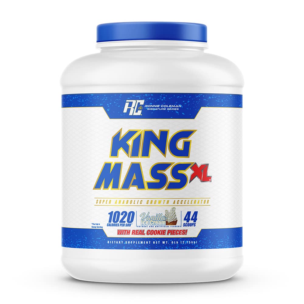 Ronnie Coleman King Mass XL vanilla powder poured into a shaker for a protein-rich shake.