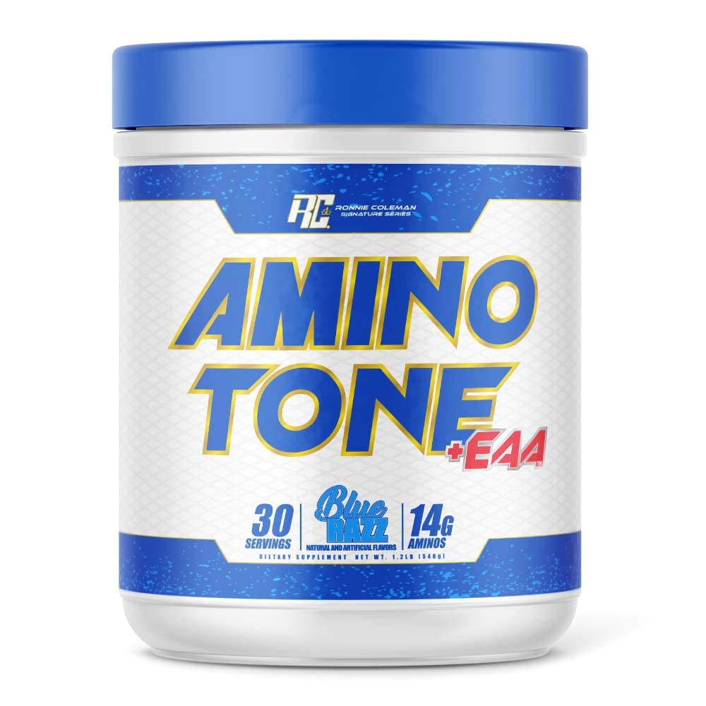 Ronnie Coleman Amino-Tone bottle with Blue Razz flavor for hydration and recovery