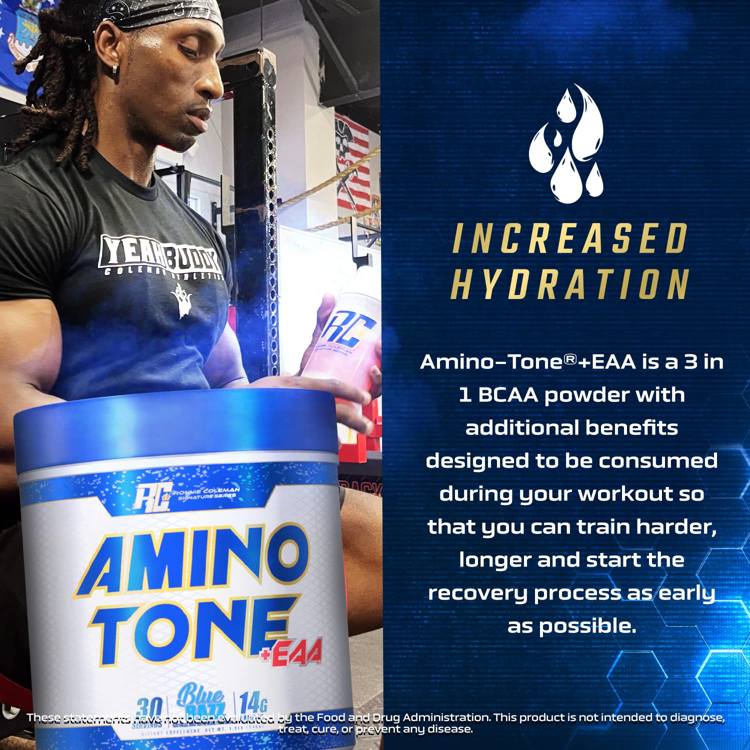 Ronnie Coleman Amino Tone EAAs serving preview shows powder texture and scoop