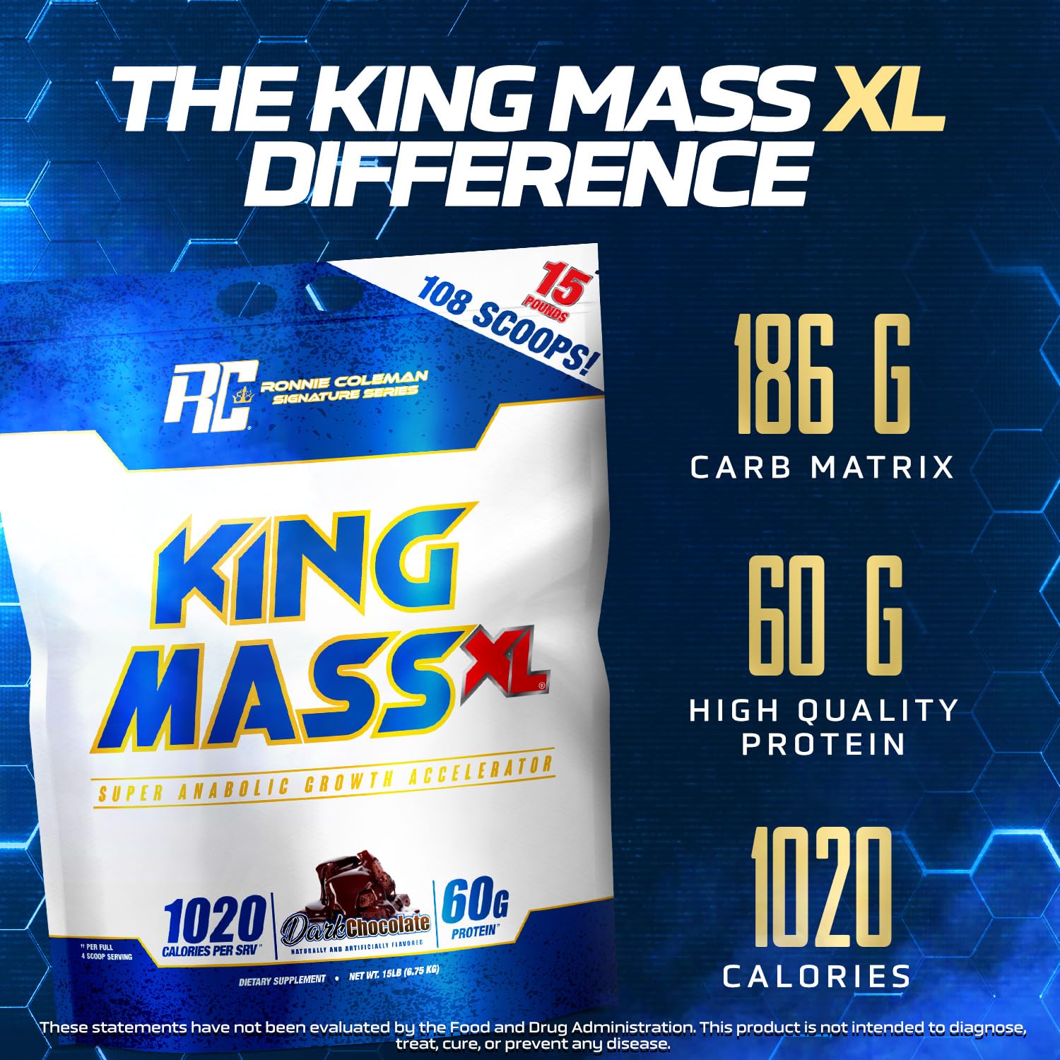 Ronnie Coleman Signature Series King Mass XL bottle back showing nutrition panel