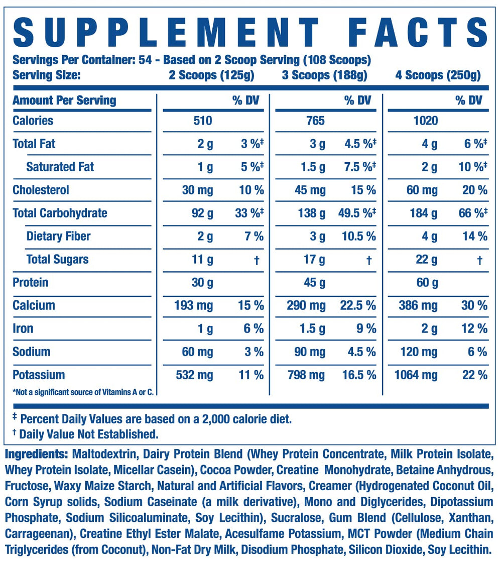 Ronnie Coleman King Mass XL serving size and macros on the label