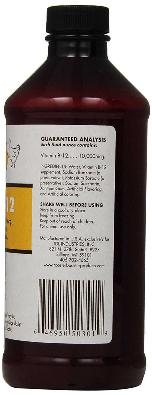 Rooster Booster B-12 Liquid 2-pack label view for easy poultry dosing.