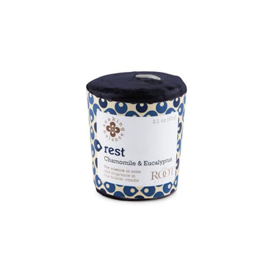 Root Candles Seeking Balance chamomile-eucalyptus scent evokes calm spaces.