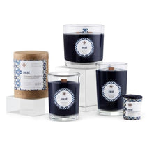 Root Candles Seeking Balance satin-wrapped votives protect finish and presentation.