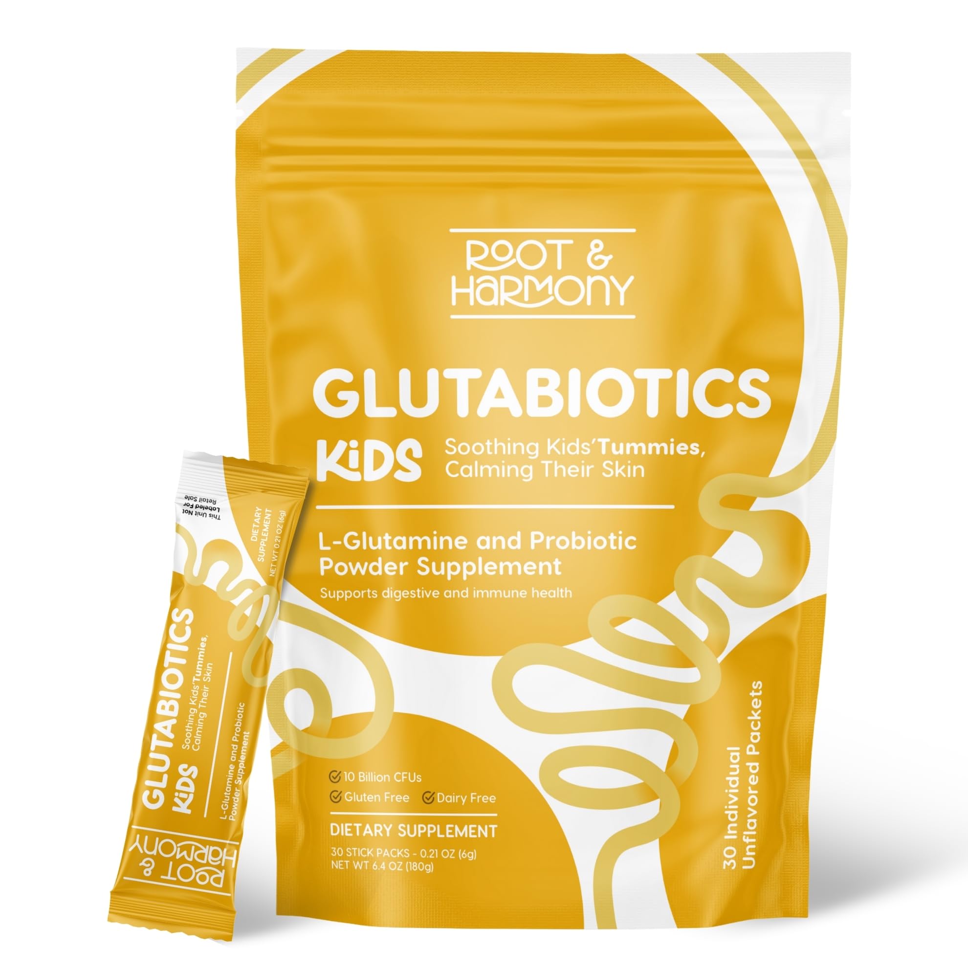 Root & Harmony Glutabiotics Kids probiotic bottle for daily gut support.