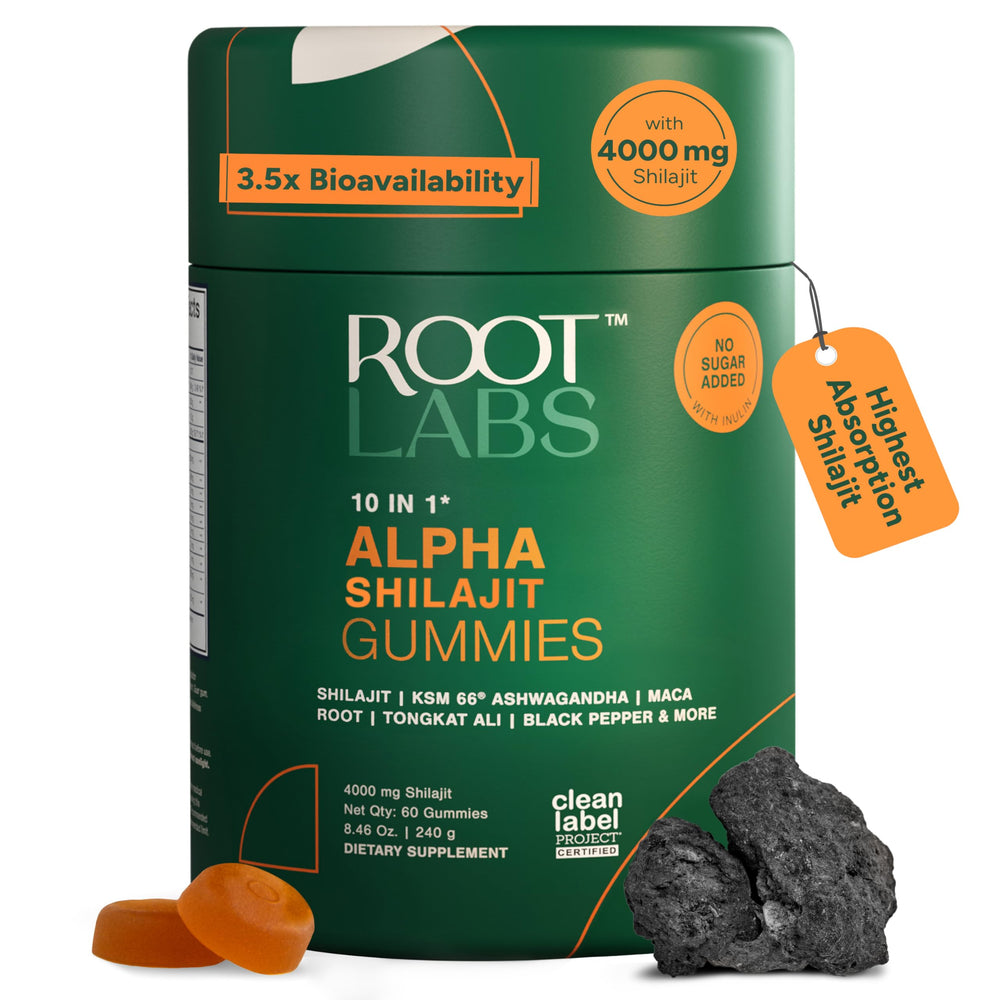 Root Labs 10-in-1 Alpha Shilajit Gummies packaging, premium daily wellness option.