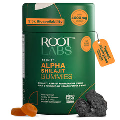 Root Labs 10-in-1 Alpha Shilajit Gummies packaging, premium daily wellness option.