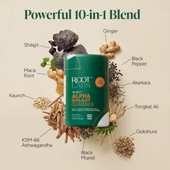 Root Labs 10-in-1 Alpha Shilajit Gummies serving pour for convenient daily intake.