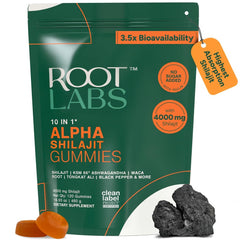 ROOT LABS Shilajit Gummies bottle for daily wellness with bioavailable formula.