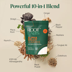 ROOT LABS Shilajit Gummies on hand show convenient, sugar-free daily supplement.