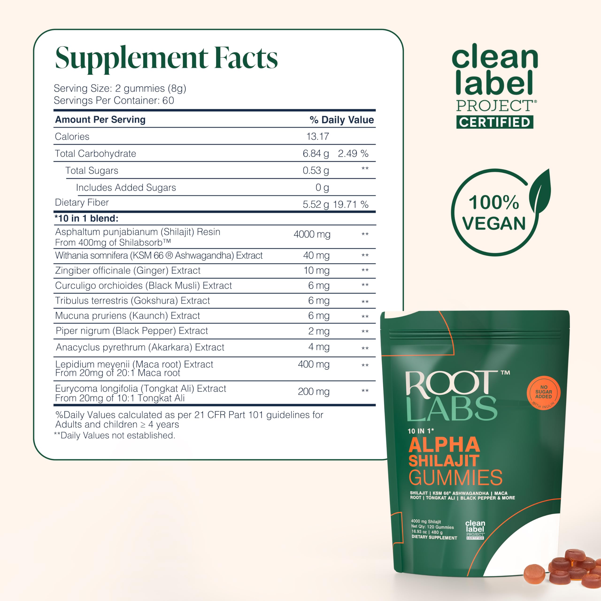ROOT LABS Shilajit Gummies vegan and sugar-free packaging.