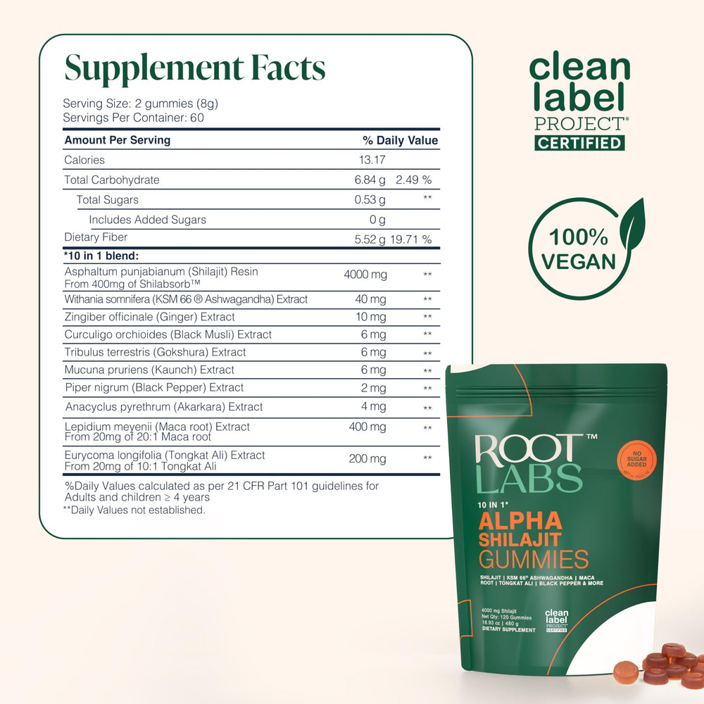 ROOT LABS Shilajit Gummies vegan and sugar-free packaging.