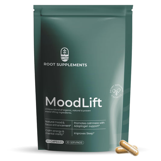 Root Supplements MoodLift bottle close-up highlighting a natural mood support blend.