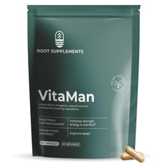 Root Supplements testosterone support bottle showing capsule formula for daily vitality.