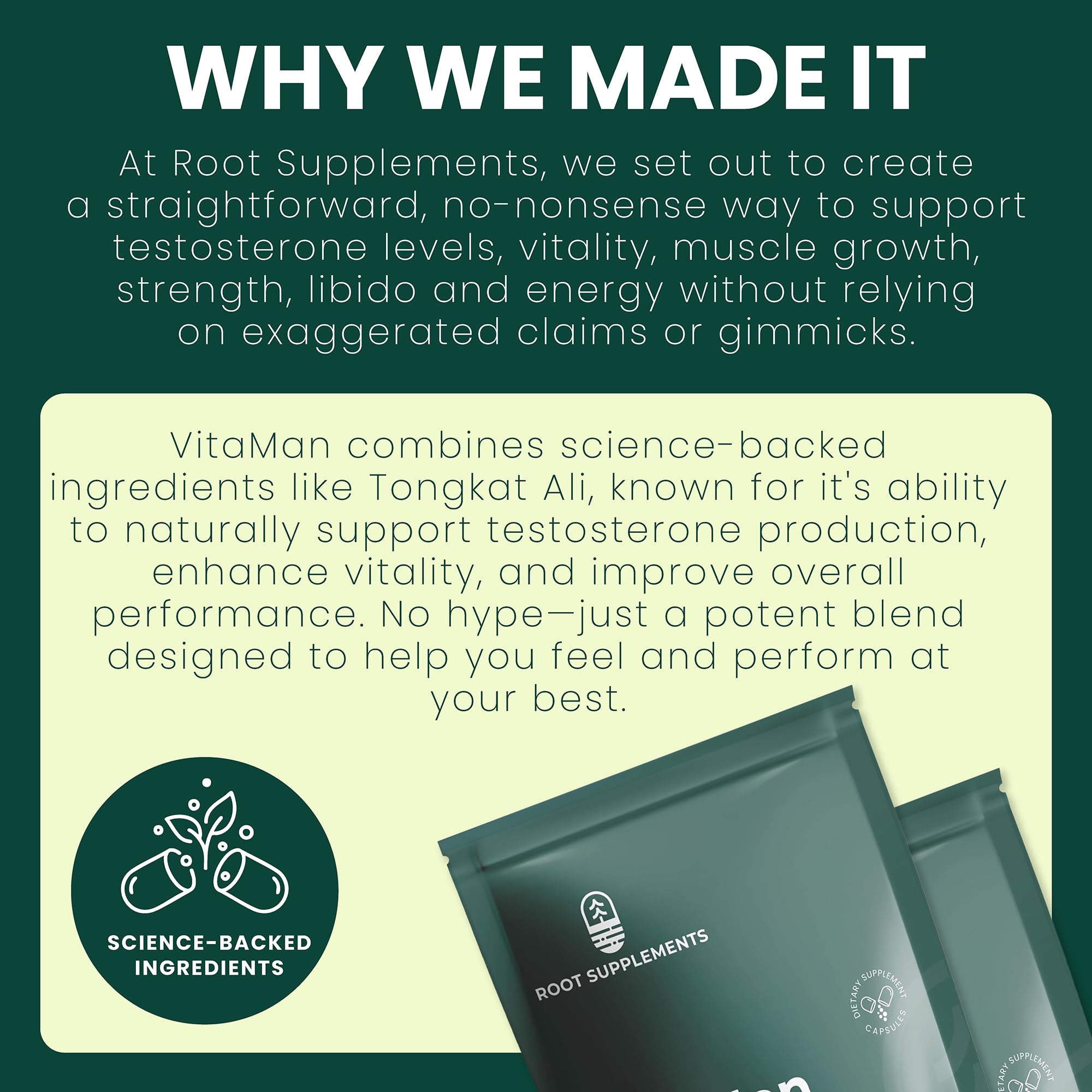 Root Supplements third-party testing badge confirming purity and quality.