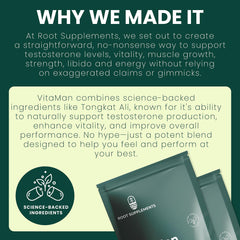 Root Supplements third-party testing badge confirming purity and quality.