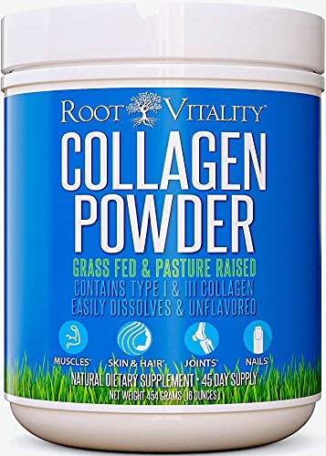 Root Vitality Collagen Peptides Powder bottle shown for daily skin and nails support.