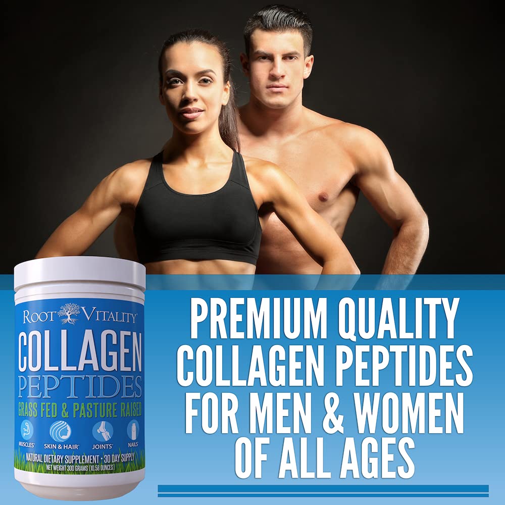 Root Vitality collagen powder beside a coffee mug, ideal as a neutral creamer.