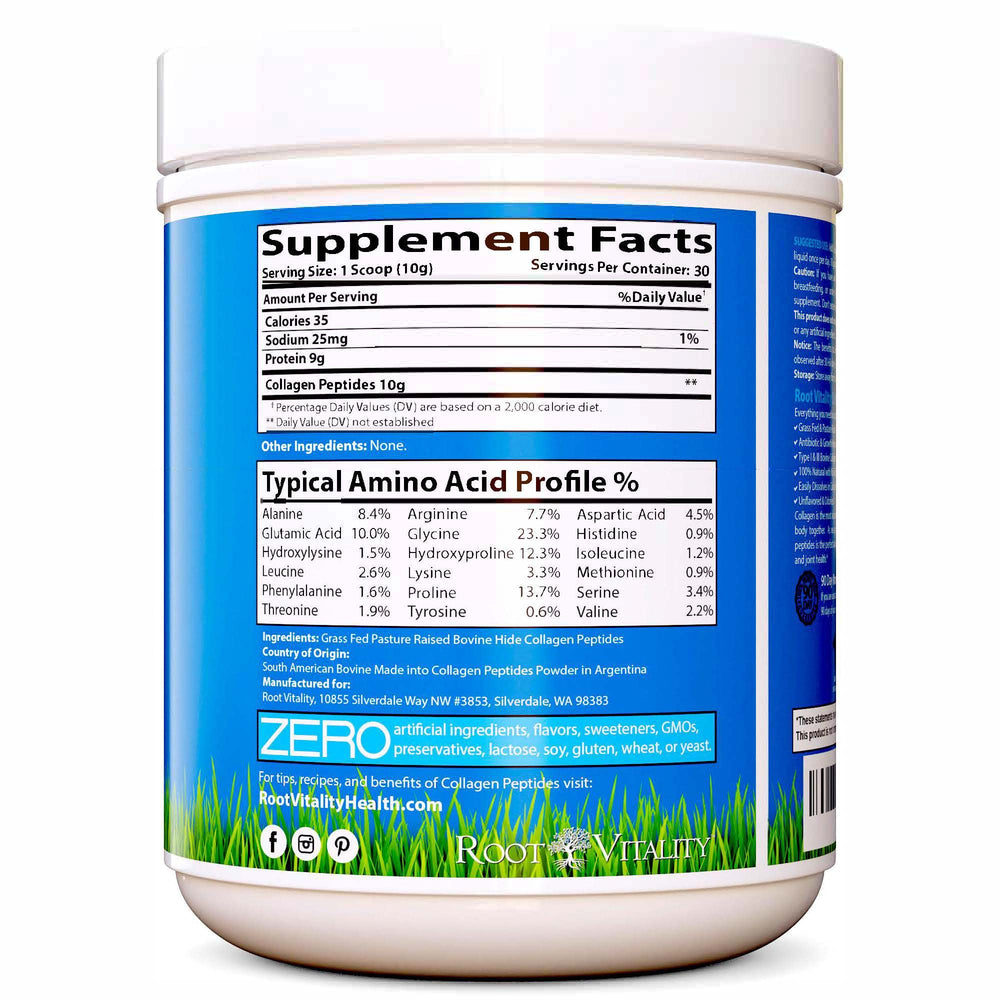 Root Vitality Collagen Peptides unflavored powder mixed in water for versatile drinks.