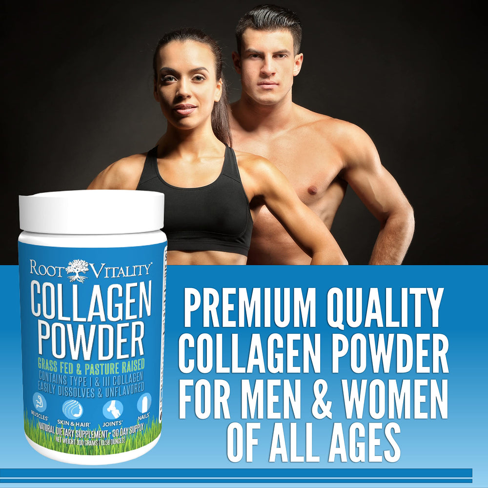 Root Vitality Collagen Peptides powder beside a glass for daily protein boost.