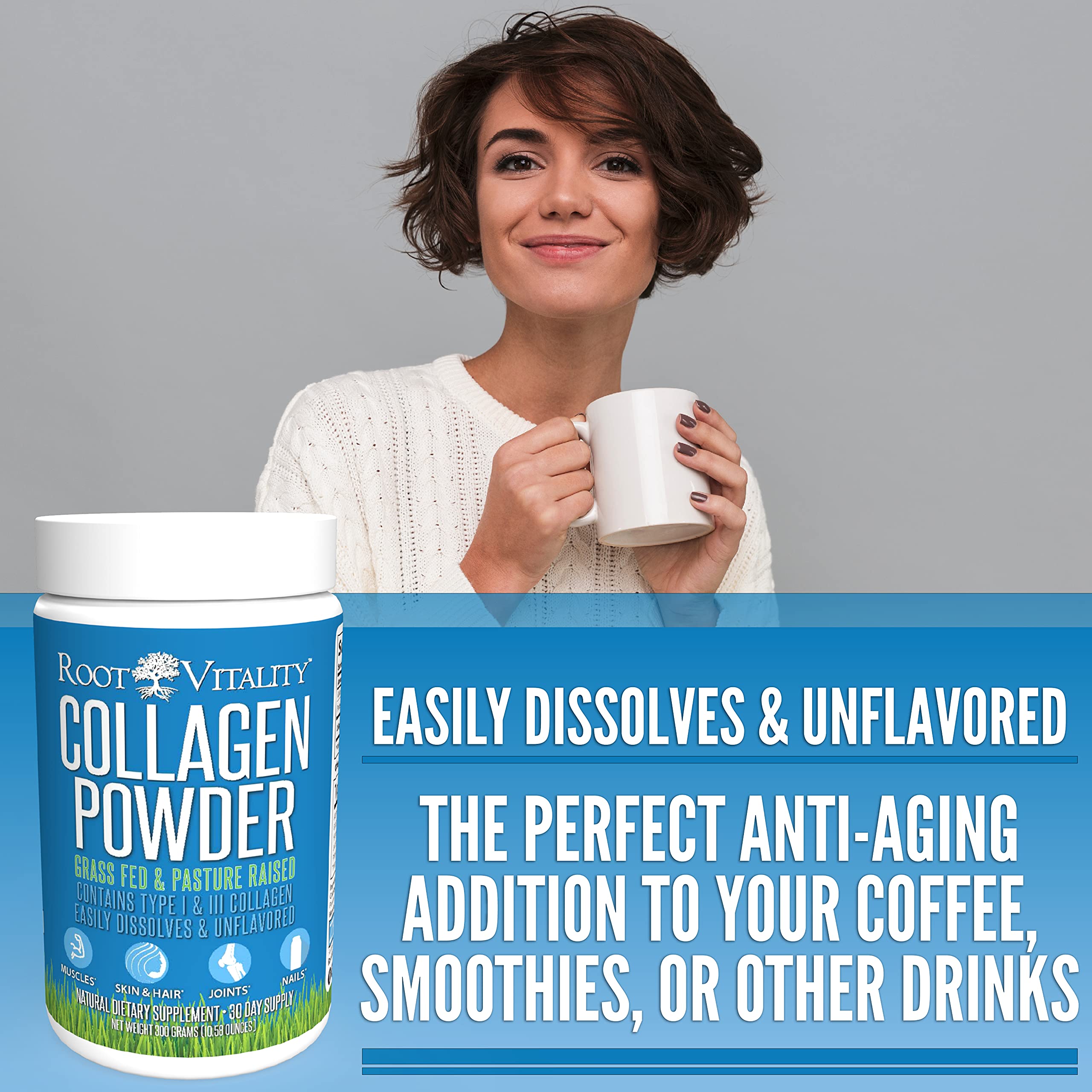 Root Vitality Collagen Peptides ingredients highlight grass-fed and hydrolyzed protein.