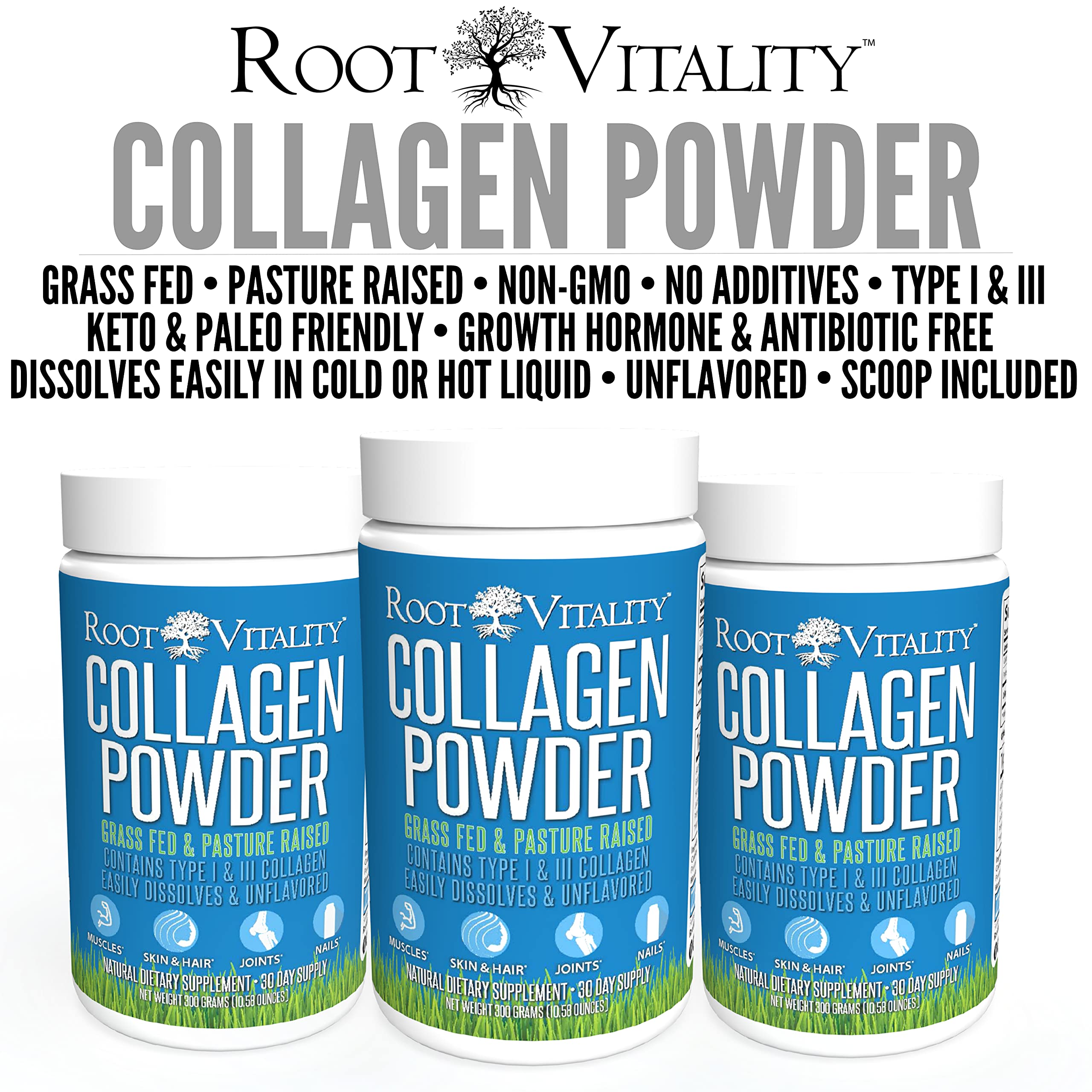 Root Vitality Collagen Peptides powder stirred into a smoothie for an easy daily routine.
