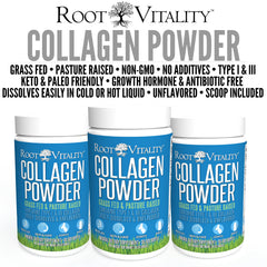 Root Vitality Collagen Peptides powder stirred into a smoothie for an easy daily routine.