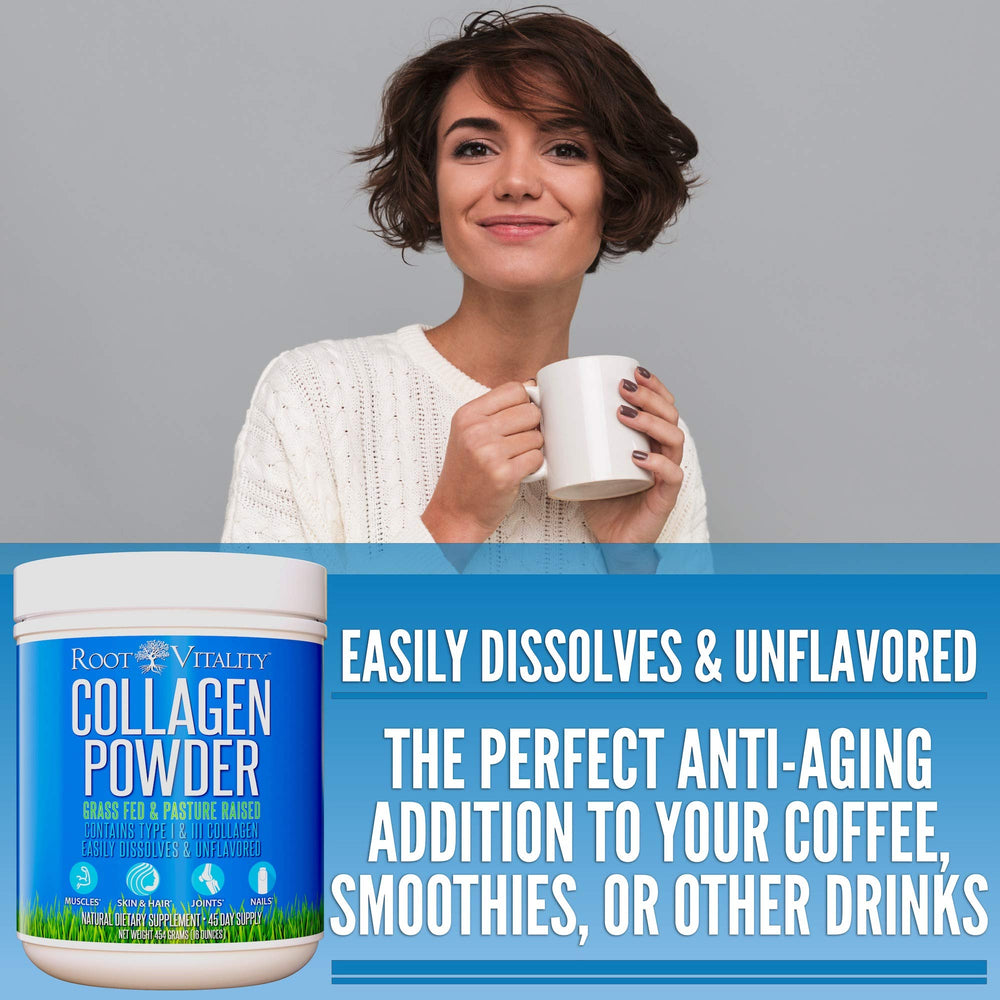 Unflavored, zero sugar Root Vitality collagen powder ready to mix in any drink.