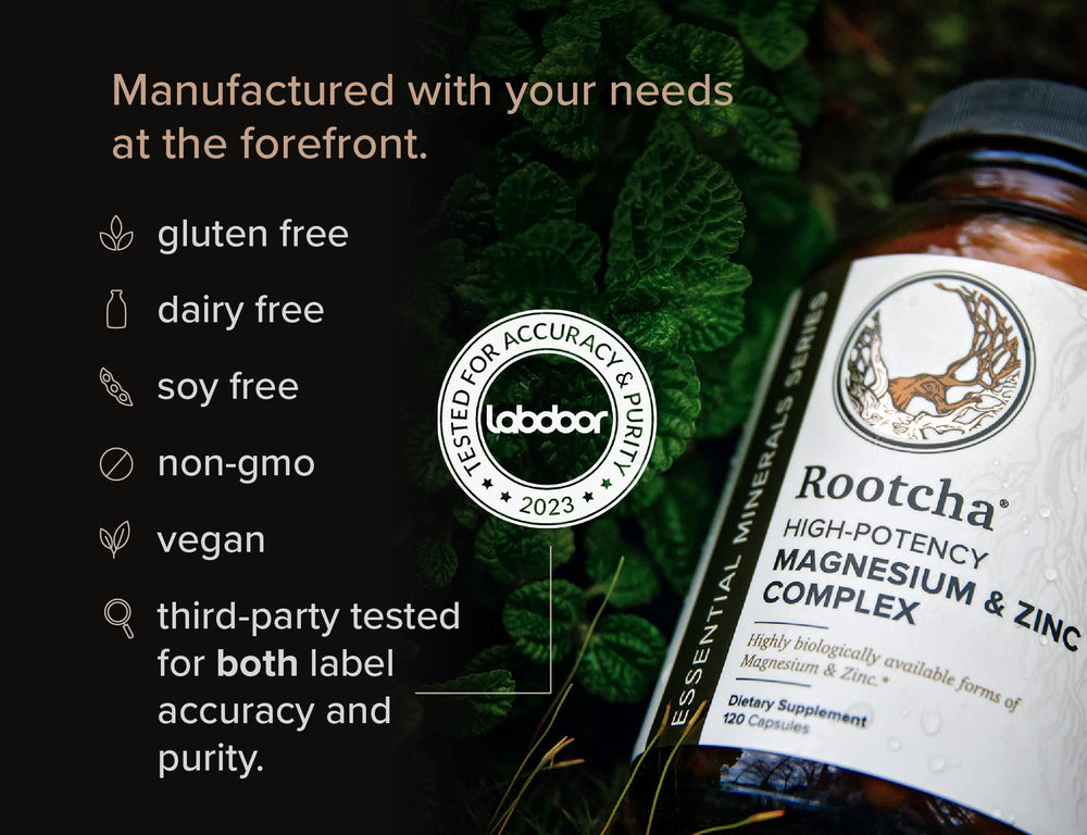 Rootcha Potent & Pure Magnesium Zinc bottle on table ready for daily use.