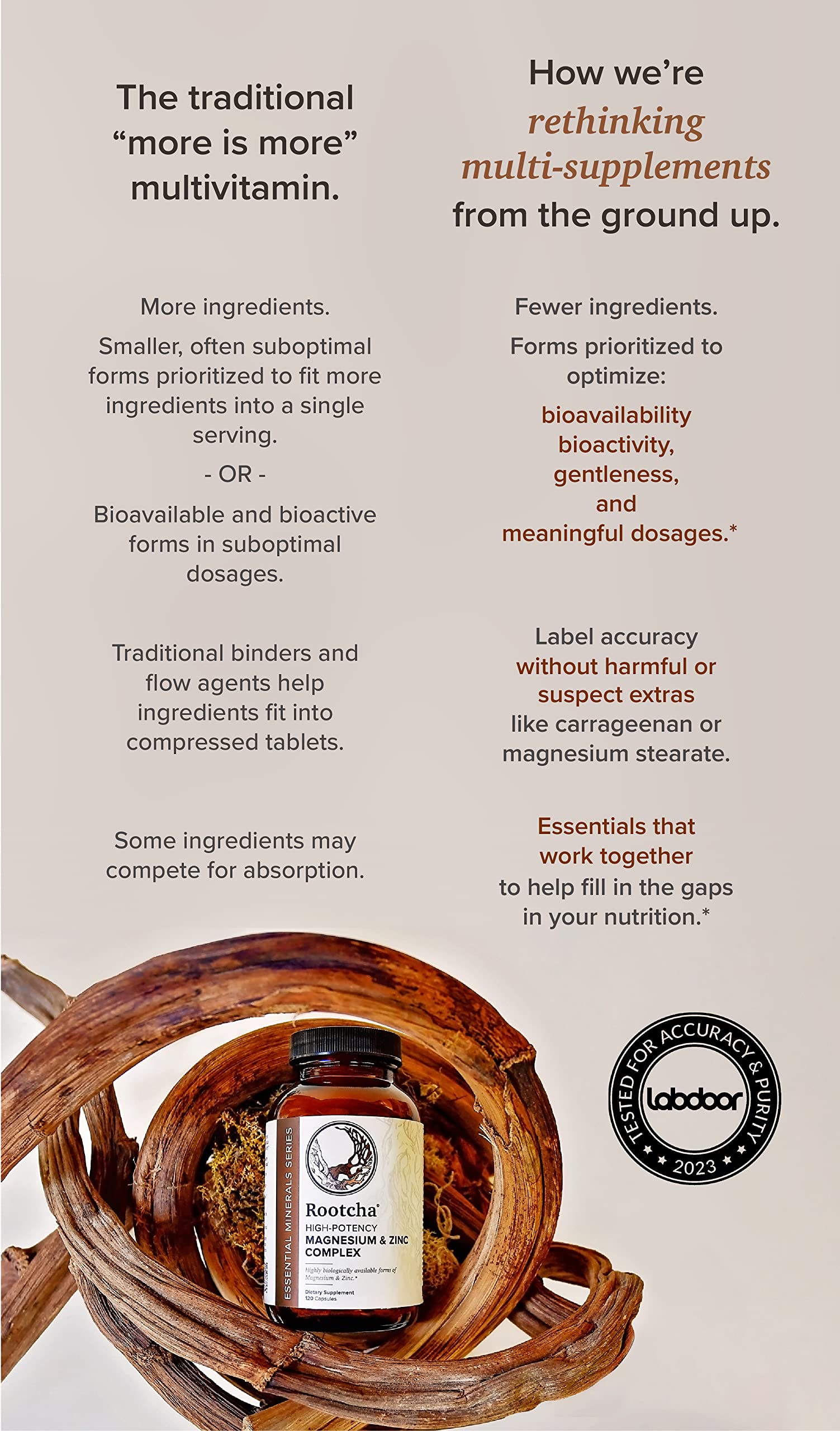 Rootcha Potent & Pure Magnesium Zinc non-GMO gluten-free formula label.