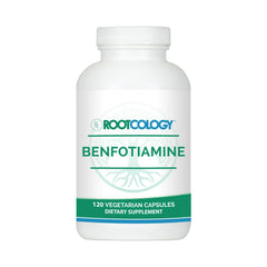 Rootcology Benfotiamine 300mg bottle on a clean surface for daily energy support.