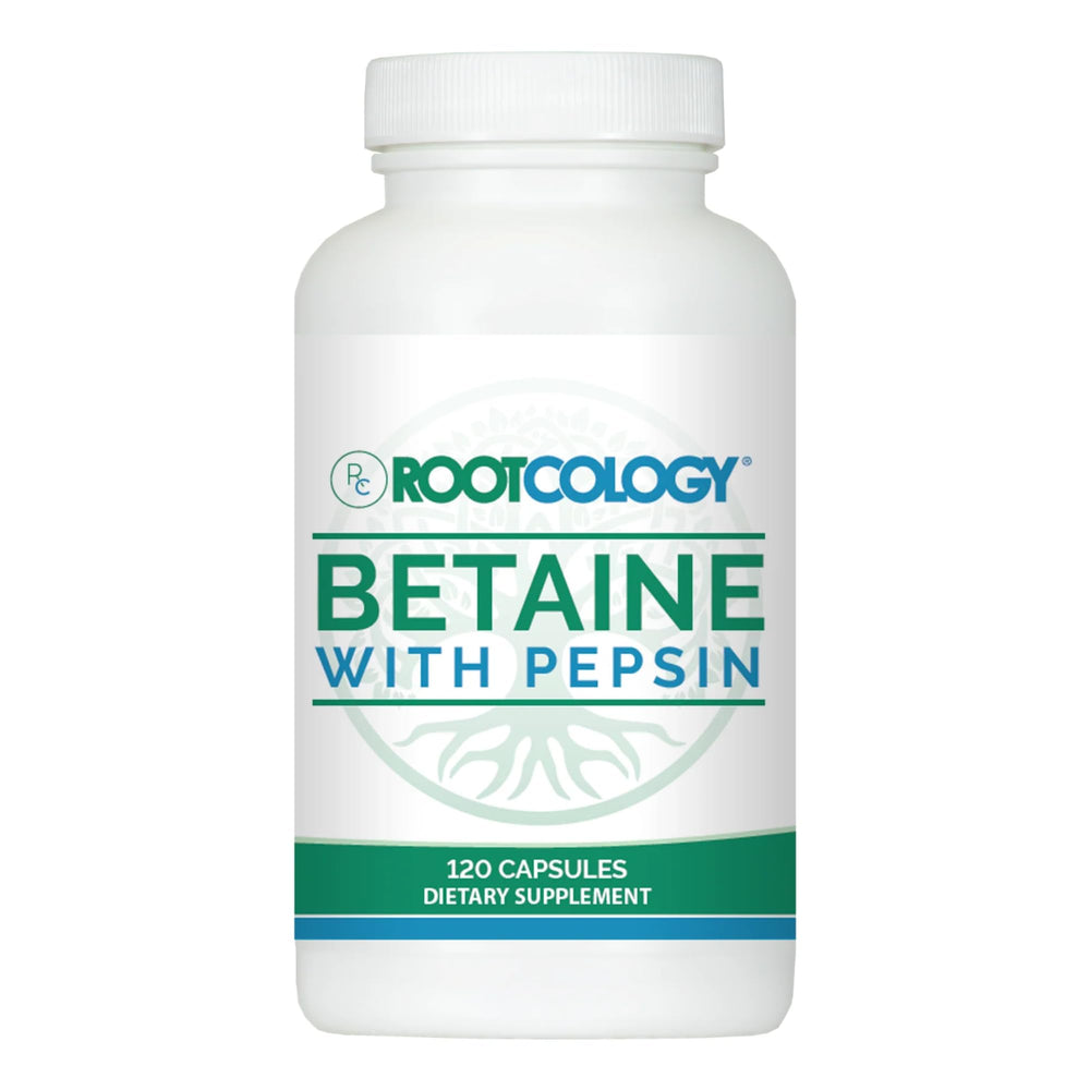 Rootcology Betaine with Pepsin bottle closeup with easy-to-take capsules