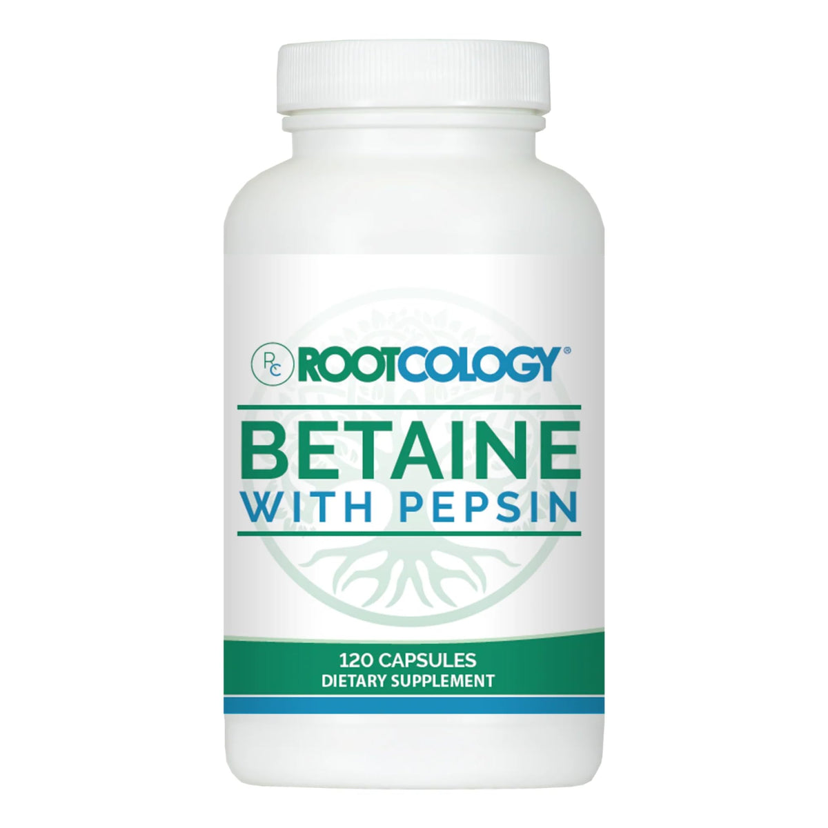 Rootcology Betaine with Pepsin bottle closeup with easy-to-take capsules