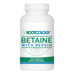 Rootcology Betaine with Pepsin bottle closeup with easy-to-take capsules