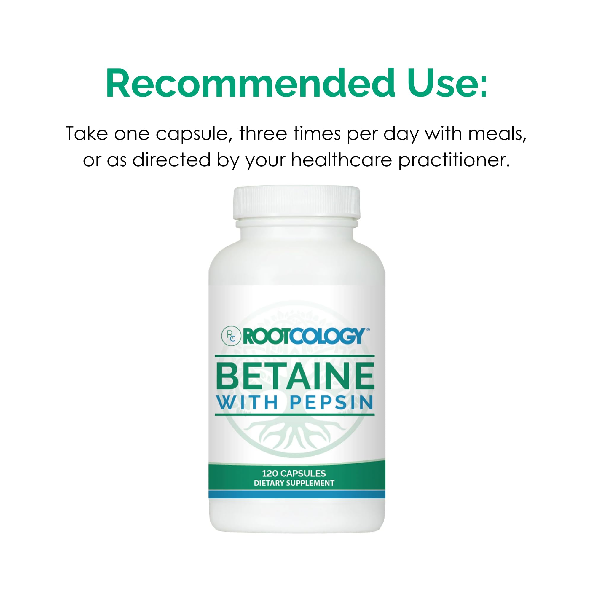 Rootcology Betaine with Pepsin glass bottle presents clean packaging