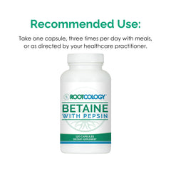 Rootcology Betaine with Pepsin glass bottle presents clean packaging