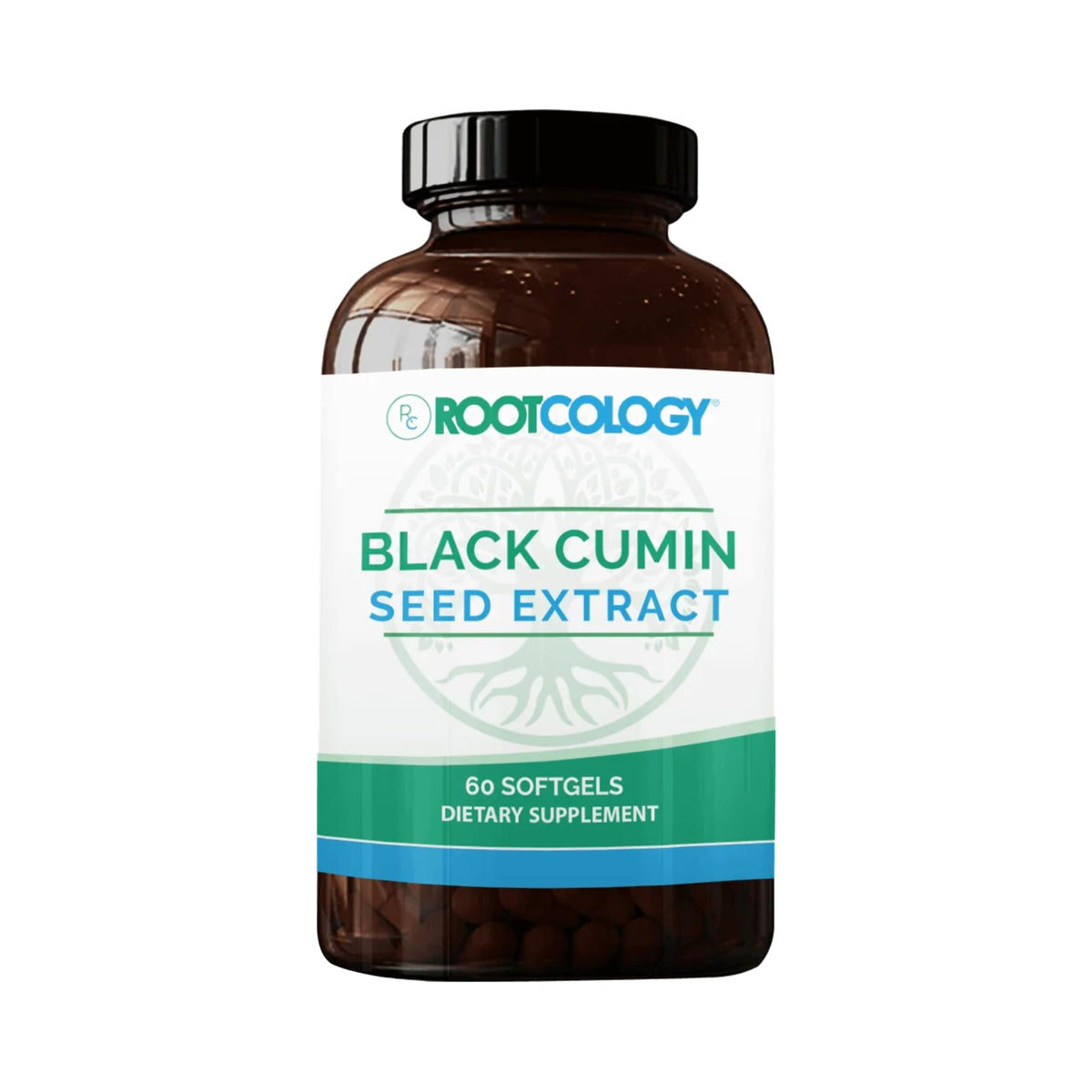 Rootcology black cumin seed extract bottle promotes digestive support and skin vitality.