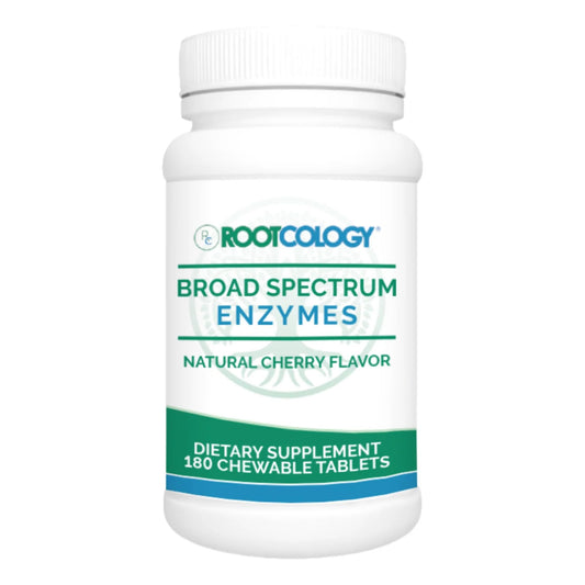 Rootcology broad-spectrum enzymes chewable tabs support digestion and nutrient absorption.